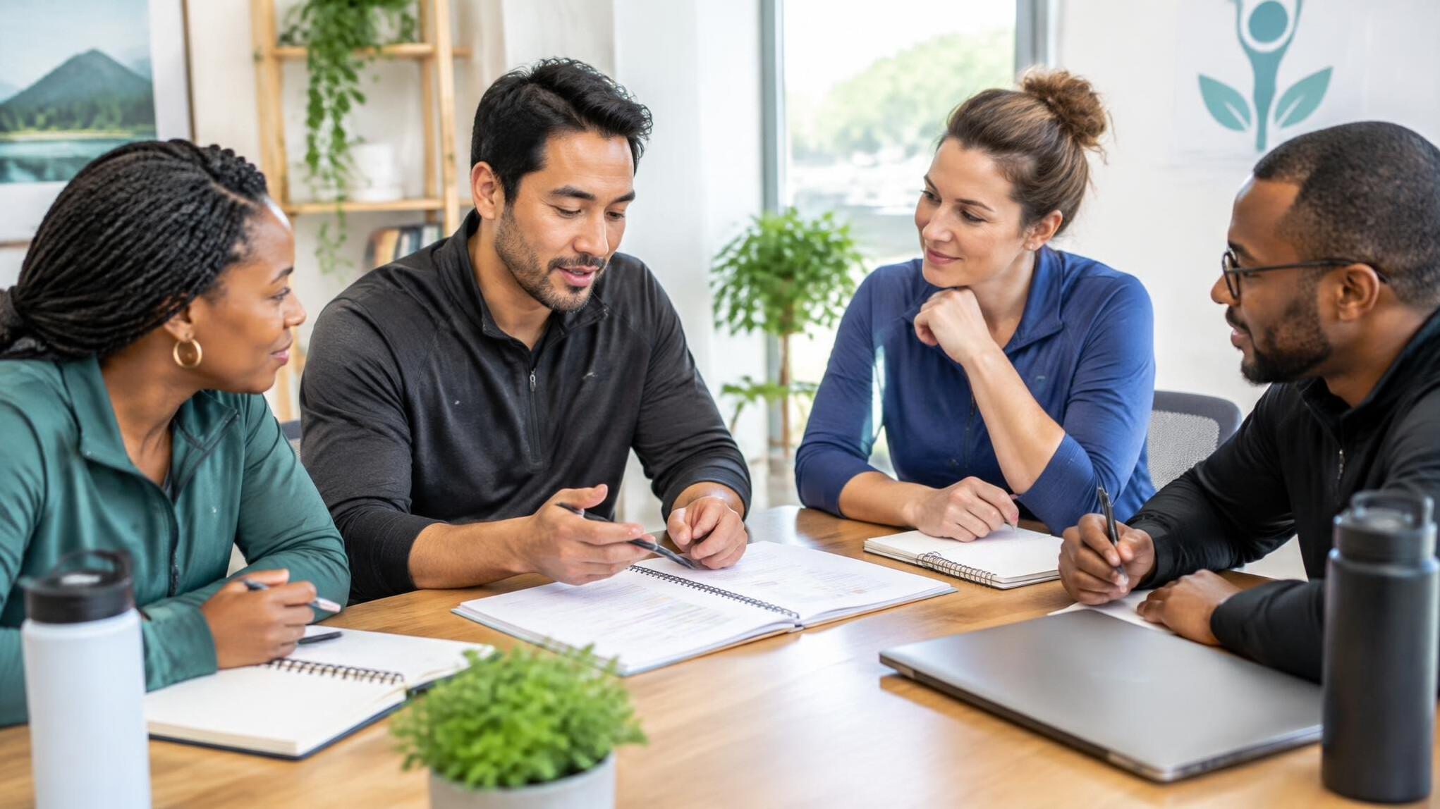 Team of health coaches meeting around a table with notes