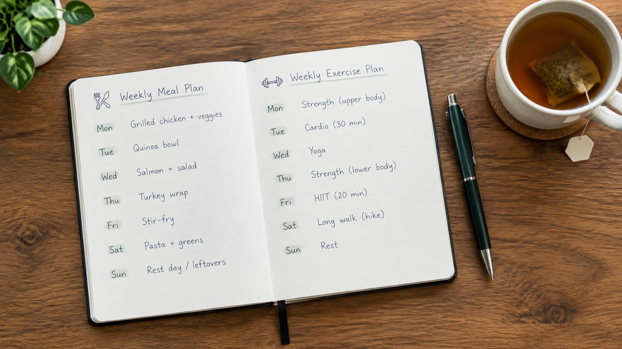 Notebook with a weekly meal and exercise plan on a desk